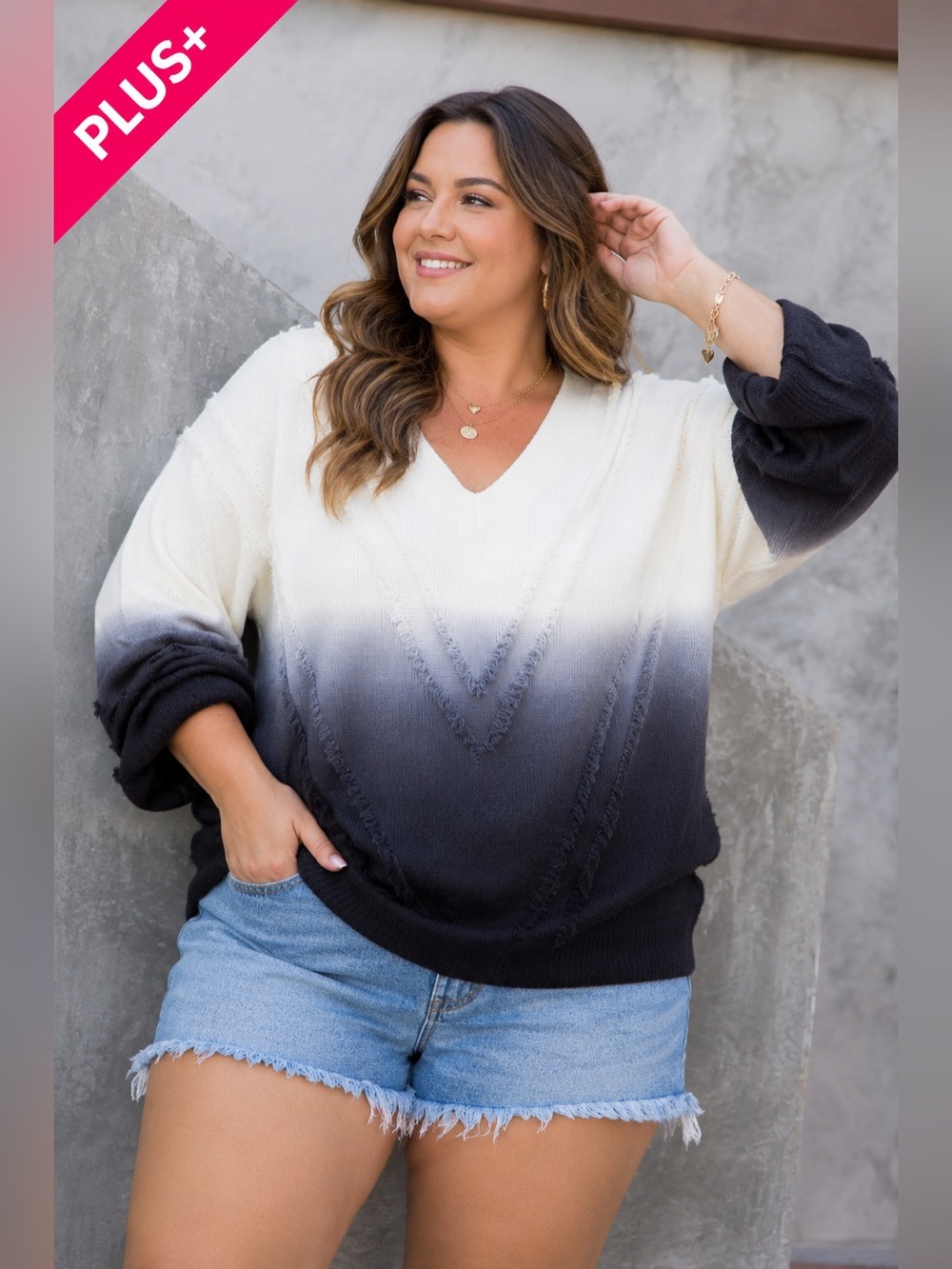 Plus Size V-Neck Ombre Sweater - 752